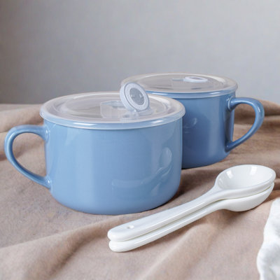 Ceramic Ramen Bowls with Lid & Spoon, Set of 2 - Blue