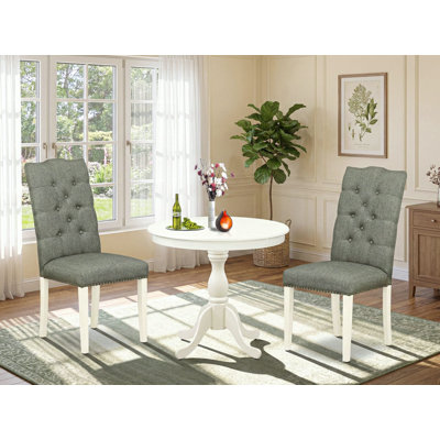 3 Piece Dining Set Consists of 1 Round Pedestal Table and 2 Smoke Linen Fabric Dining Room Chairs Button Tufted Back with Nail Heads - linen white Finish
