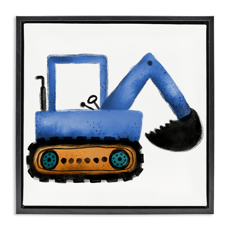 «Blue Simple Bulldozer», encadrée par Elizabeth Medley, Cadre flottant noir de jais, H 18 po x l 18 po