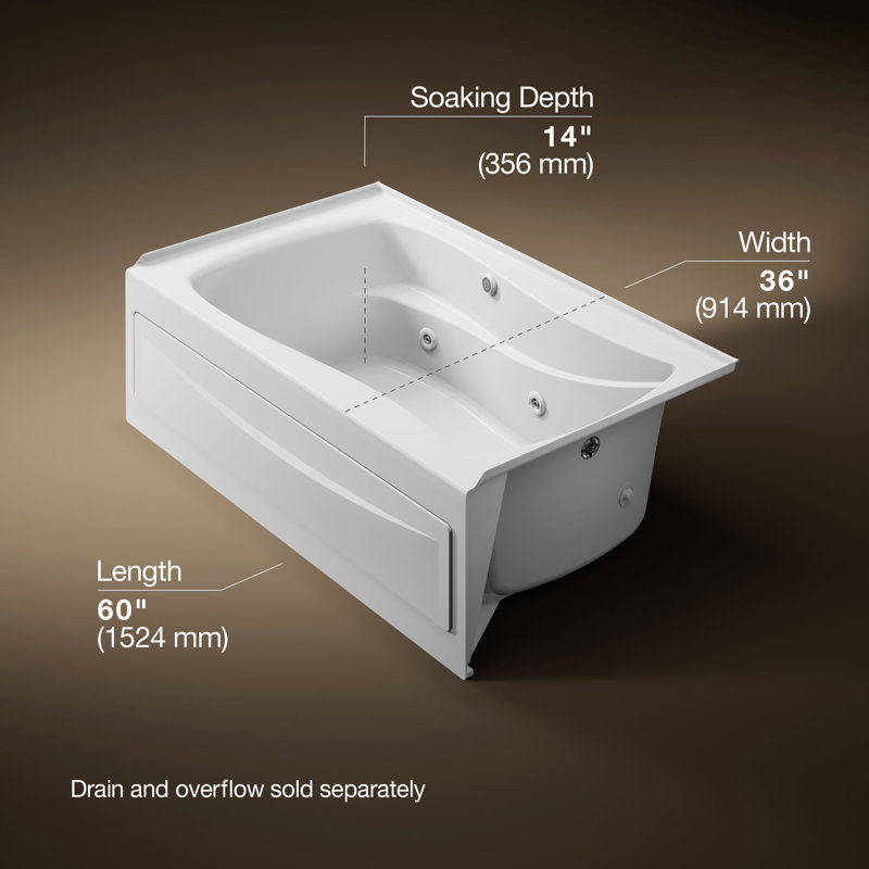 Mariposa 60" x 36" Alcove Whirlpool Acrylic Bathtub with Heater Included, White, Right
