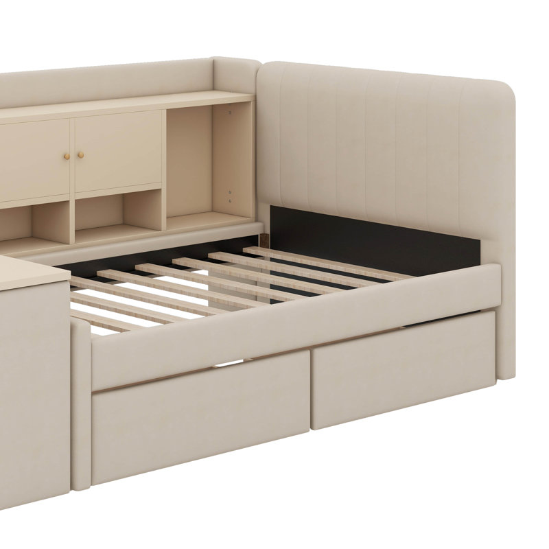 Lit de jour simple tapissier avec tiroirs, tablettes, armoires rabattables et table d'appoint, Beige