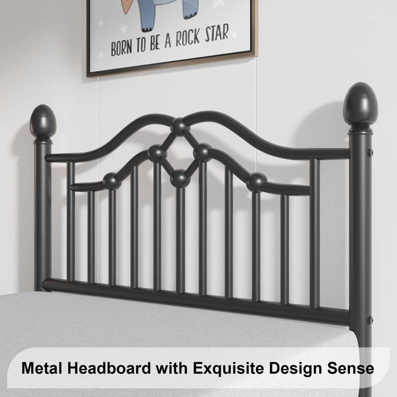 Twin Black Metal Frame Bed with Decorative Headboard and Slats
