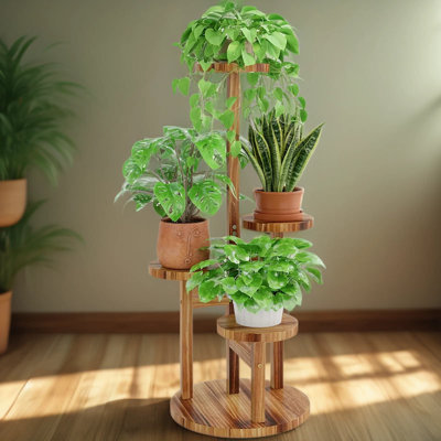 4 Tier Wood Plant Stand For Indoor And Outdoor Use, Tall Corner Plant Shelf With Multiple Display Tiers For Potted Plants In Living Room, Patio, Balcony Or Garden