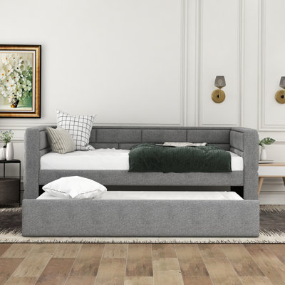 Gray Twin Daybed With Trundle, Upholstered Padded Side Support, For Bedroom Trundle In Gray, Long-Lasting Back Padding