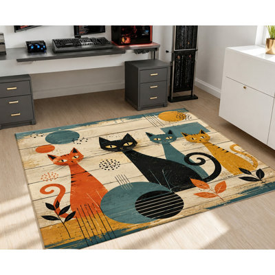 Tapis antidérapant en velours, style rétro moderne du milieu du siècle, motif abstrait géométrique orange, noir et bleu avec un chat, tapis décoratif, décoration intérieure unique pour salon, chambre, appartement