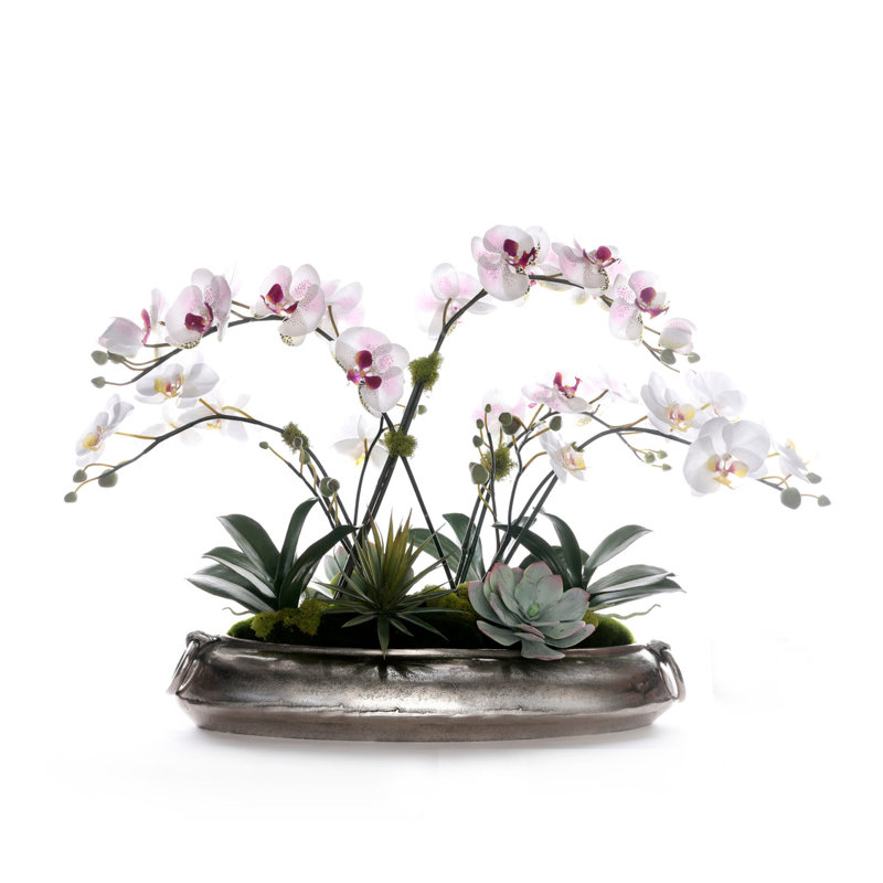 White/Mauve Faux Orchid Flower Arrangement Center Piece in Metal bowl