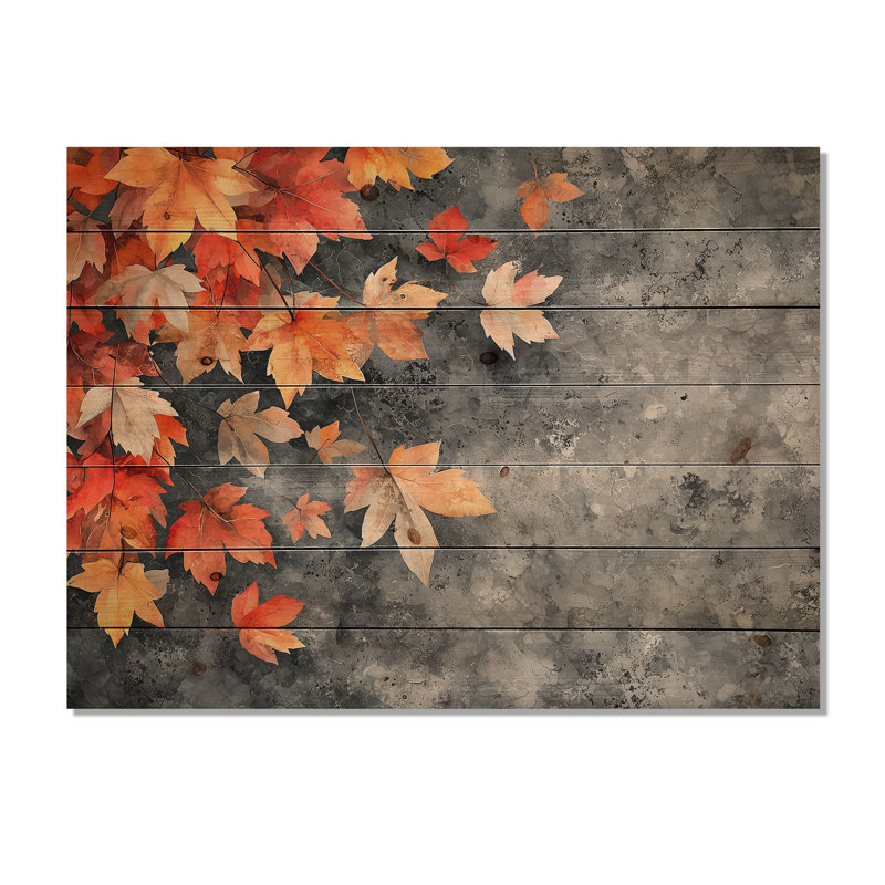 Feuilles d'automne orange V - art mural sur bois de feuilles - sur bois de pin naturel, H 30 po x l 40 po