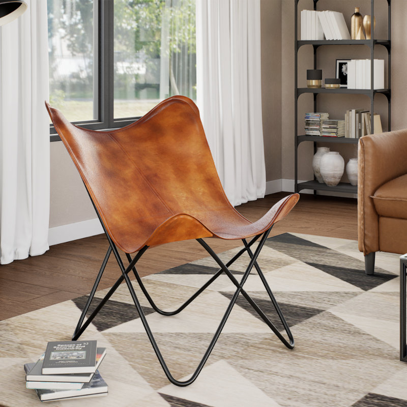 Lanyiah vidaXL Butterfly Chair, Lightweight Armchair with Powder-Coated Steel Frame, Comfortable Genuine Goat Leather, Versatile Utility 26" x 29.1" x 35.4"