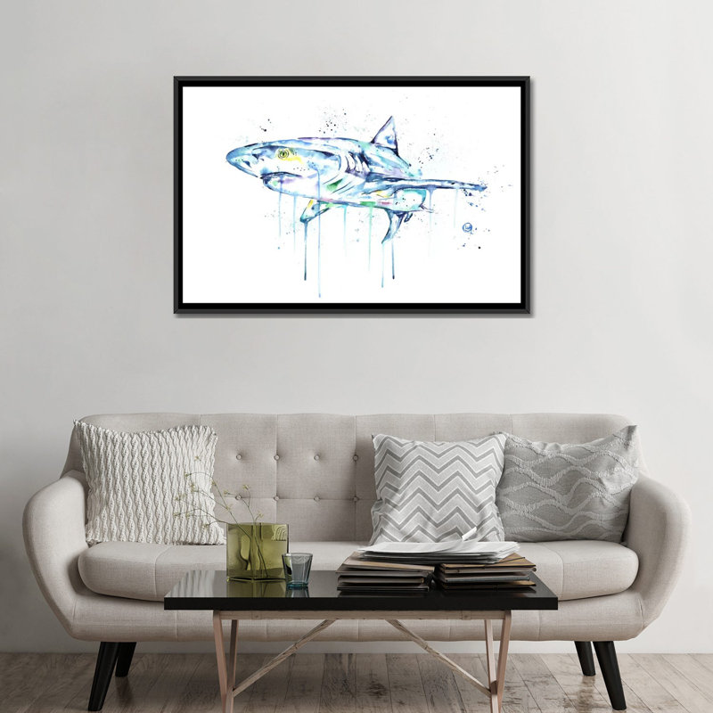 " Shark " by Lisa Whitehouse, Black Floater Framed Canvas, No Mat, 32" H x 48" W x 1.5" D
