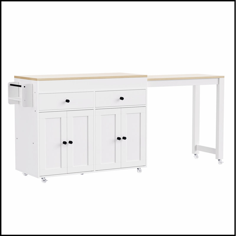 74.5 Inch Extendable Kitchen Island With Dining Table, Rolling Cart On Wheels, Spice Rack, 2 Drawers, And 4 Door Cabinet For Versatile Storage And Functionality