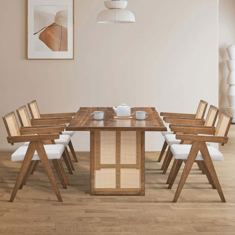 Mid-Century Modern Rectangular Waves Dining Table Set With Rattan Weave Design