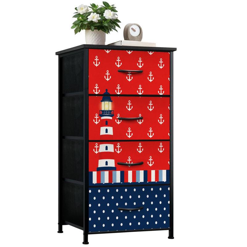 Commode 4 tiroirs avec rangement vertical et motif de pois à ancre rouge marine