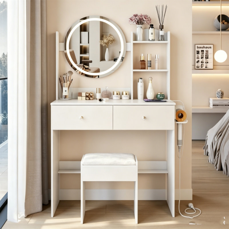 Ensemble de coiffeuse ronde à DEL avec tabouret rembourré, miroir à intensité variable 3 couleurs tactile, 2 prises CA et 2 prises USB intégrées, grand plateau de table et rangement multicouche