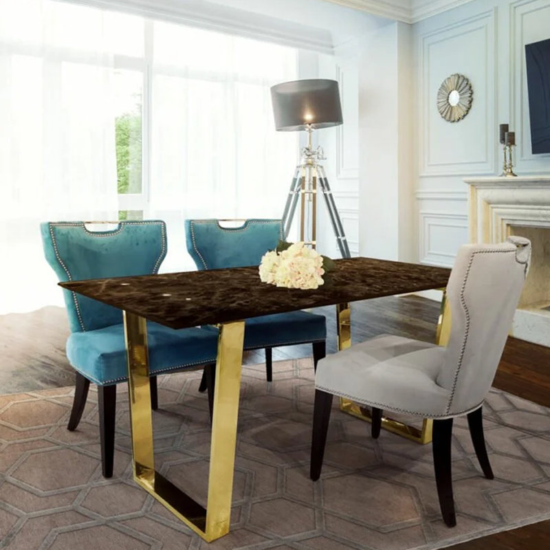 Motilal Rectangular Faux Marble Top Dining Table with Steel Base, 75"H x 180"L x 90"W, Brown, Gold