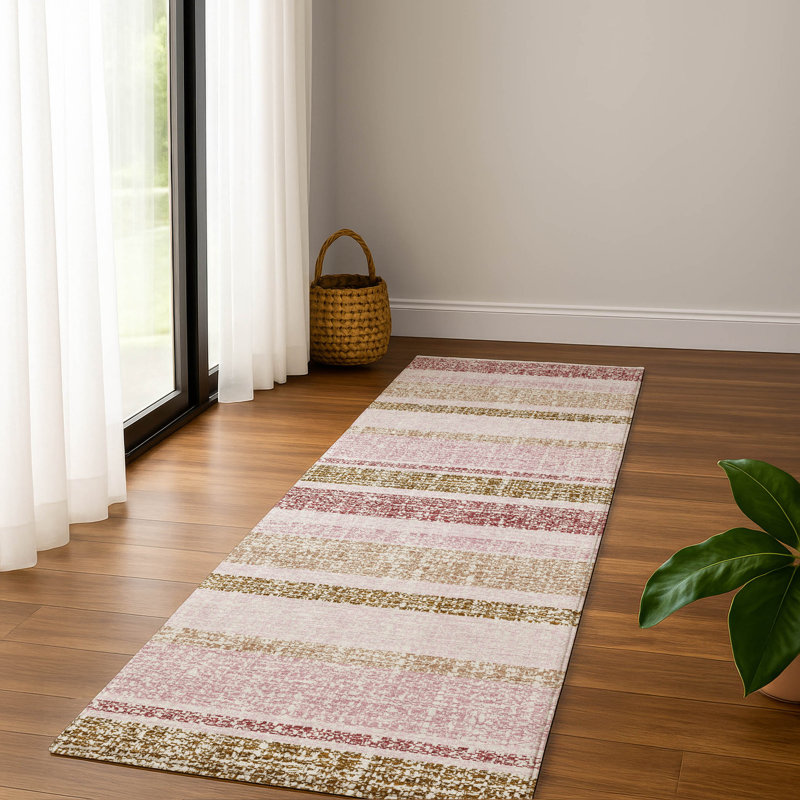 Premium Machine Washable Mayfield AMF2122 Striped Rug, 2'3" x 7'6" Runner, Pink