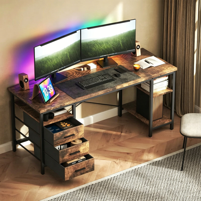 Modular Synthetic Laminate Steel Computer Desk, 75cm H x 160cm W x 60cm D, Rustic Brown/Black