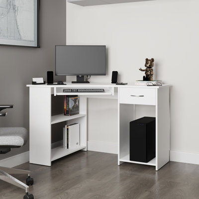 Wenge Corner Computer Desk L-Shaped With Drawer And Shelf, Maximizing Workspace Efficiency And Modern Aesthetic.
