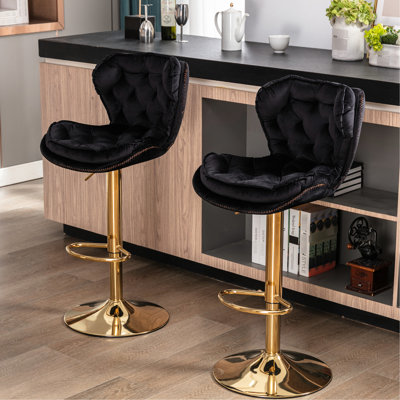 Collection 2 tabourets de bar, hauteur réglable avec repose-pieds, velours + pieds dorés, meubles noirs, tabouret, repose-pieds et base élégants