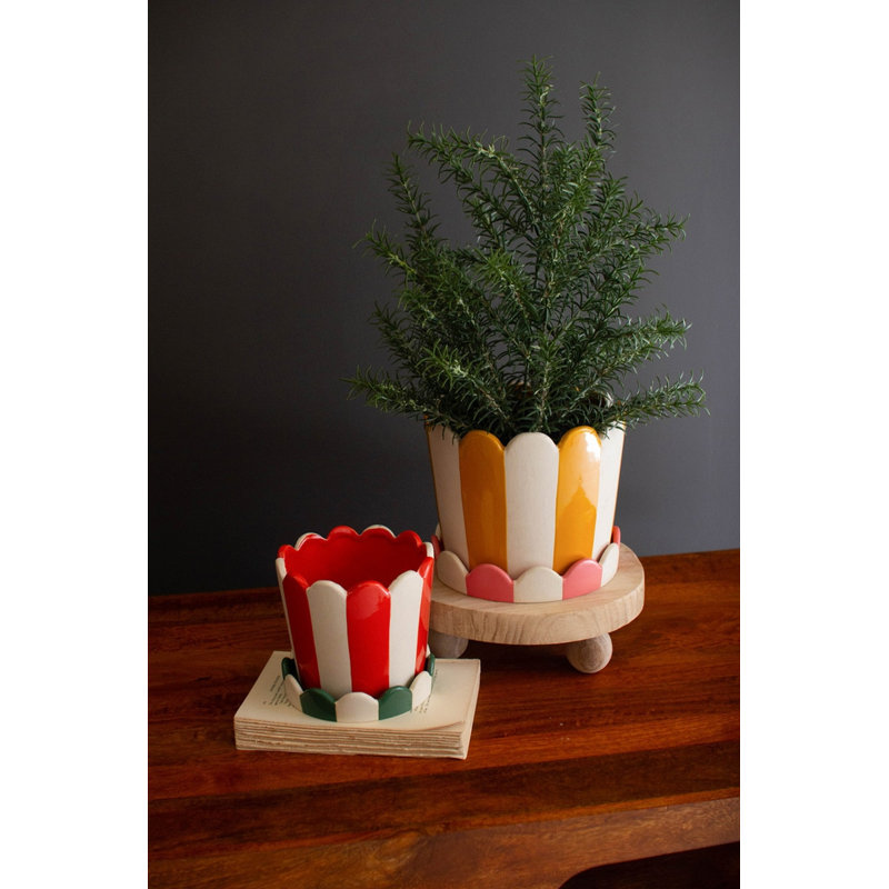  Ensemble de 2 pots à fleurs rayés en céramique avec plateaux 7 po H
