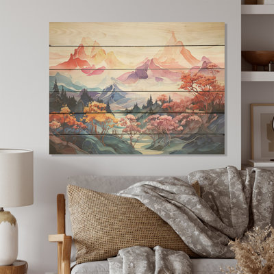 Vue sur les montagnes majestueuses - Art sur bois de pin naturel