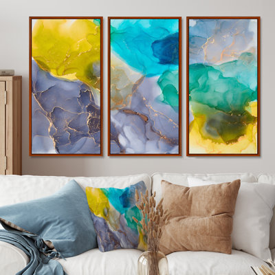 " Turquoise And Yellow Luxury Abstract Fluid Art " 3 - Pieces