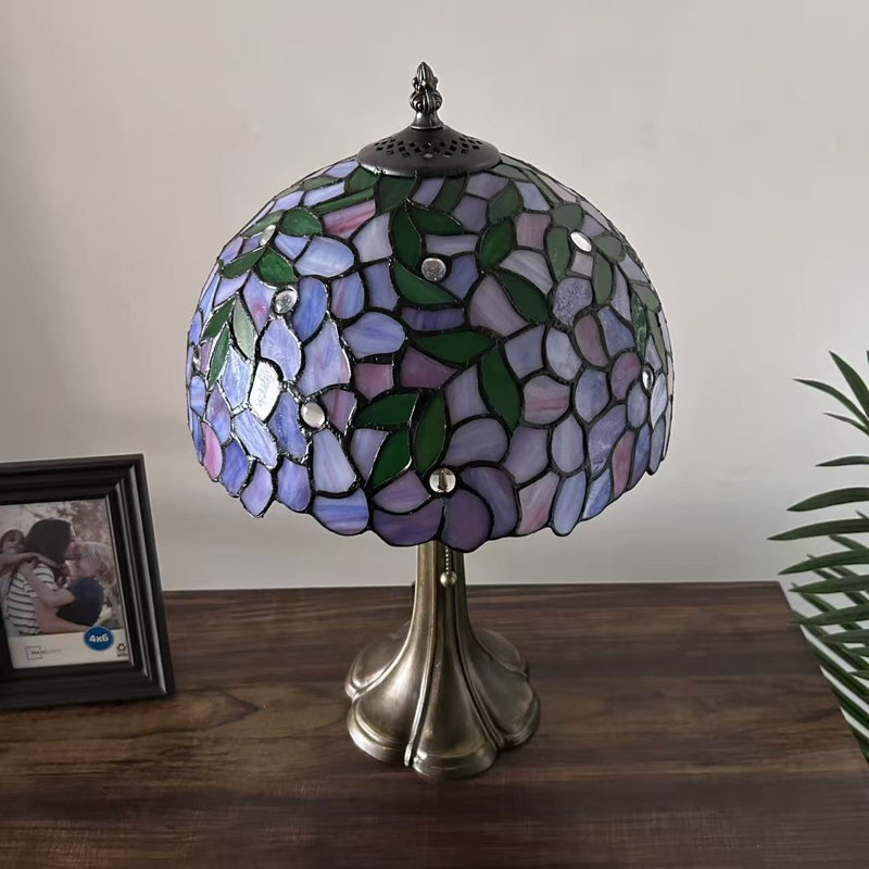 Maberry Tiffany Table Lamp Purple Stained Glass Green Leaves LED Bulb Included H19"