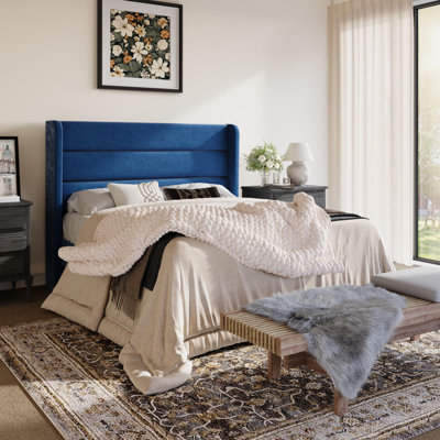 Modern Velvet Upholstered Platform Bed With Wooden Slats Wingback Headboard Included by Mercer41