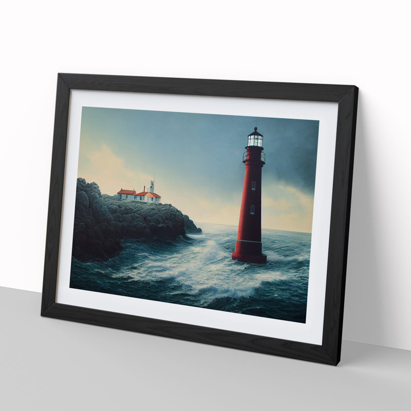 Dramatic Lighthouse - Single Picture Frame Print, 46cm H x 64cm W x 2cm D, Black Framed