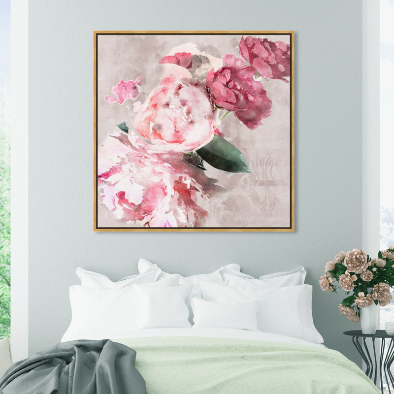 Doux romantique, rose traditionnel - peinture, Cadre flottant doré, H 40 po x l 40 po