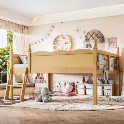 Full Solid Wood Loft Bed with Beside Book Shelves