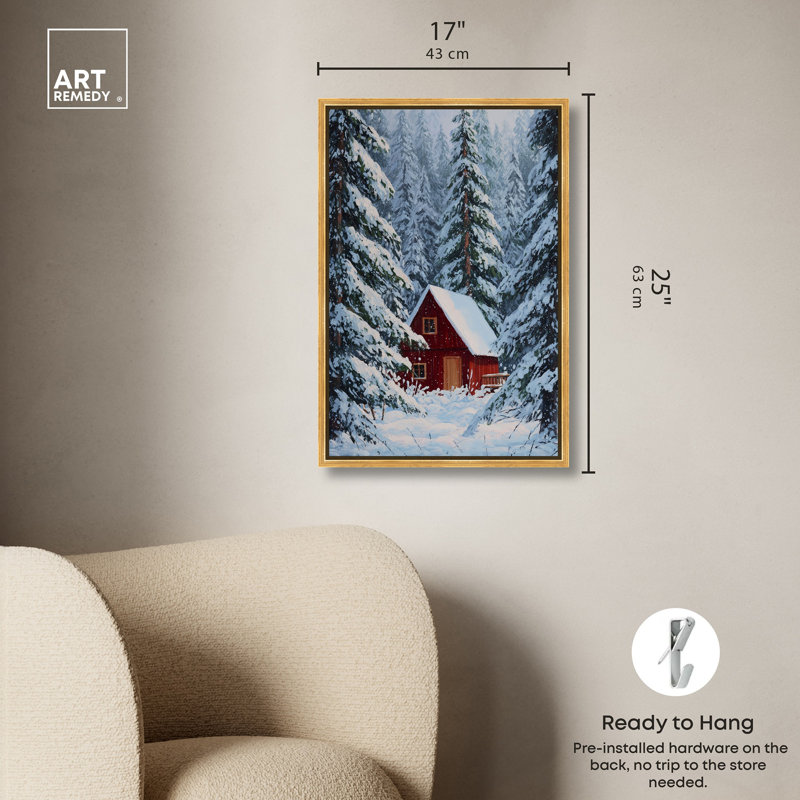 Décoration de Noël "Red Cabin in the Snow" par Art Remedy, cadre doré, 16 x 24, H 25 po x l 17 po, Cadre doré