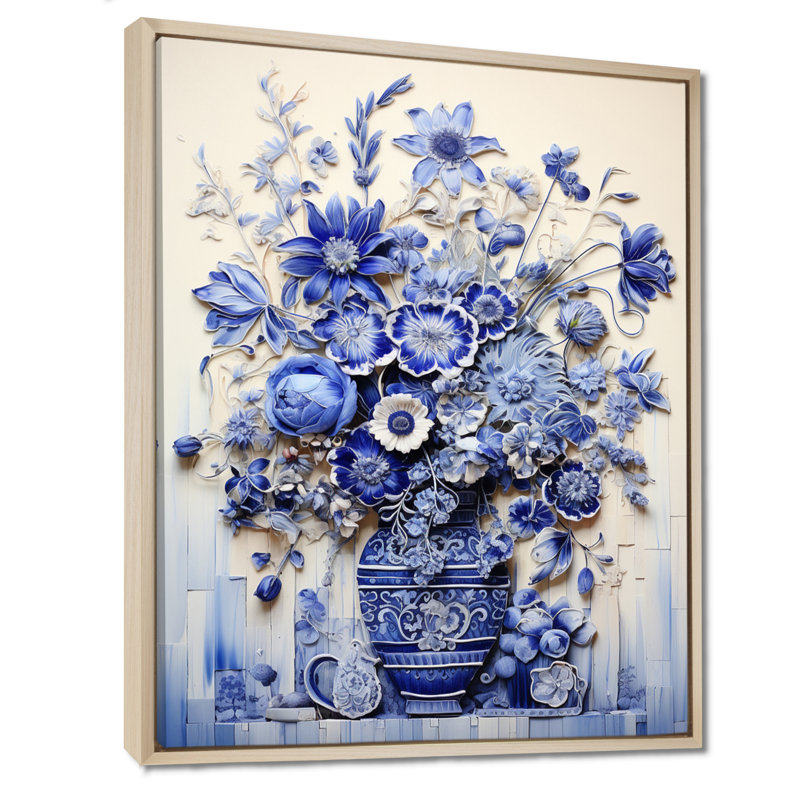 «Blue and White Boho plant Pottery II», impression sur toile Boho Pottery, H 32 po x l 16 po x P 1 po, Cadre flottant brun