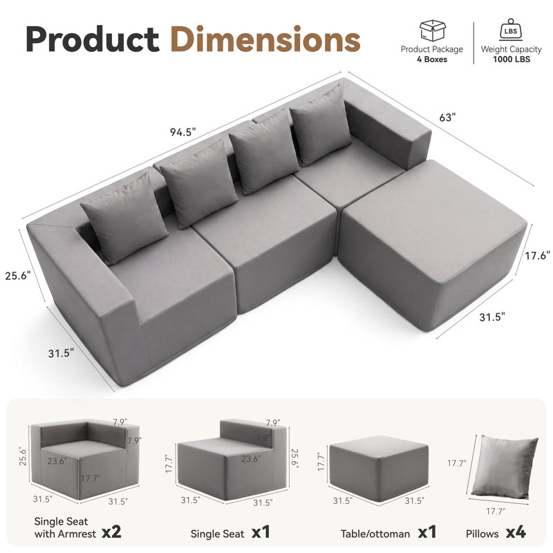 Canapé modulaire d'extérieur imperméable gris foncé QQ, 4-Piece Full Set