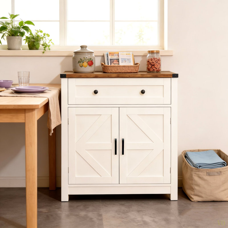 Wood-Grain Top Farmhouse Barn-Door Storage Cabinet, Coffee Bar Buffet Sideboard With Drawer For Kitchen & Living Room