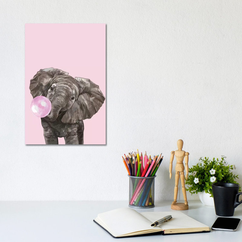 Bubble Gum Elephant In Pink by Big Nose Work - Wrapped Canvas Print, 30.48 cm H x 45.72 cm W
