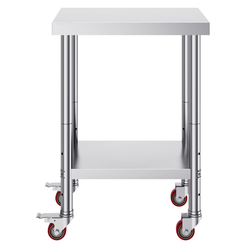Table de travail 24 po x 18 po x 34 po en acier inoxydable avec tablette réglable à 3 niveaux et 4 roues