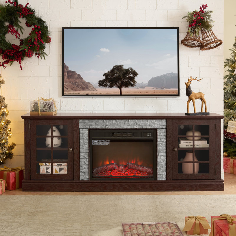 Meuble télé 70 po avec rangement à 2 portes et foyer électrique de 23 po A devant, H 25,83 po x l 70,12 po x P 15,35 po, Gris