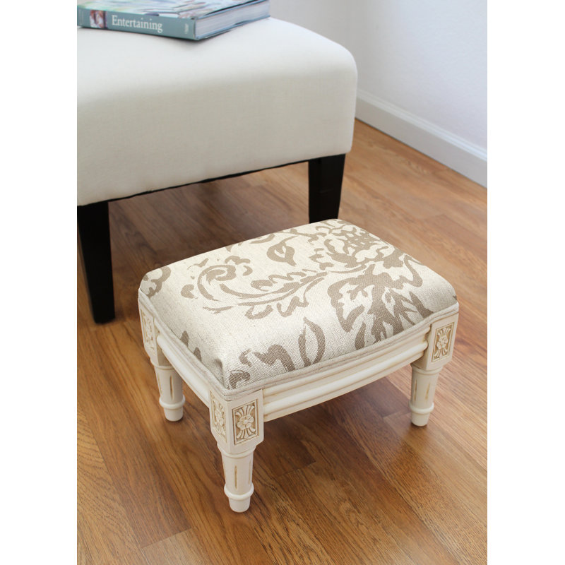Camary Upholstered Ottoman, White, Taupe Painterly Toile Linen Blend