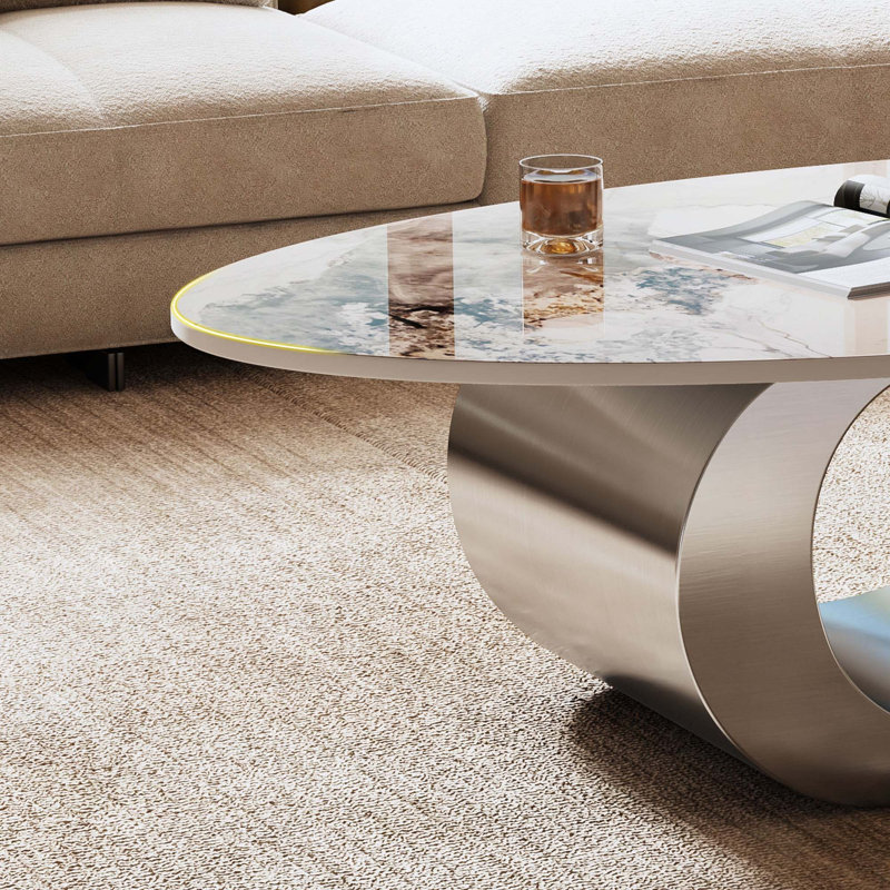 Table basse 49,2 pouces moderne en faux marbre ovale avec base en acier inoxydable pour le salon, Blanc / Gris