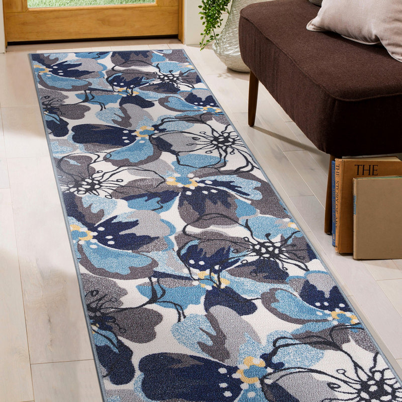 Florentia Floral Black/Gray/Cream Non-Slip Rubberback Area Rug, Runner 1'1 x 7'