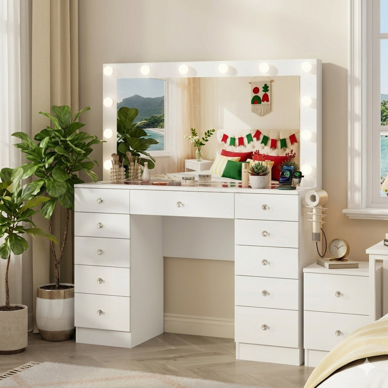 Bureau de coiffeuse avec grand miroir éclairé, table de maquillage avec 11 tiroirs de rangement, plateau en verre et poignées en cristal pour la chambre à coucher