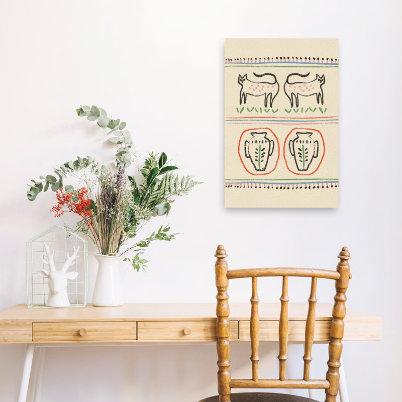 Primitive Cats And Vases Abstract Colorful Playful Cat Horse Nature Plant Wall Art Print, 60.96cm H x 40.64cm W