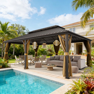  Outdoor Patio Gazebo, Hardtop Gazebo with Galvanized Steel Roof & Aluminum Frame,Heavy Duty Permanent Pavilion with Netting & Curtains for Patio, Lawn, Deck