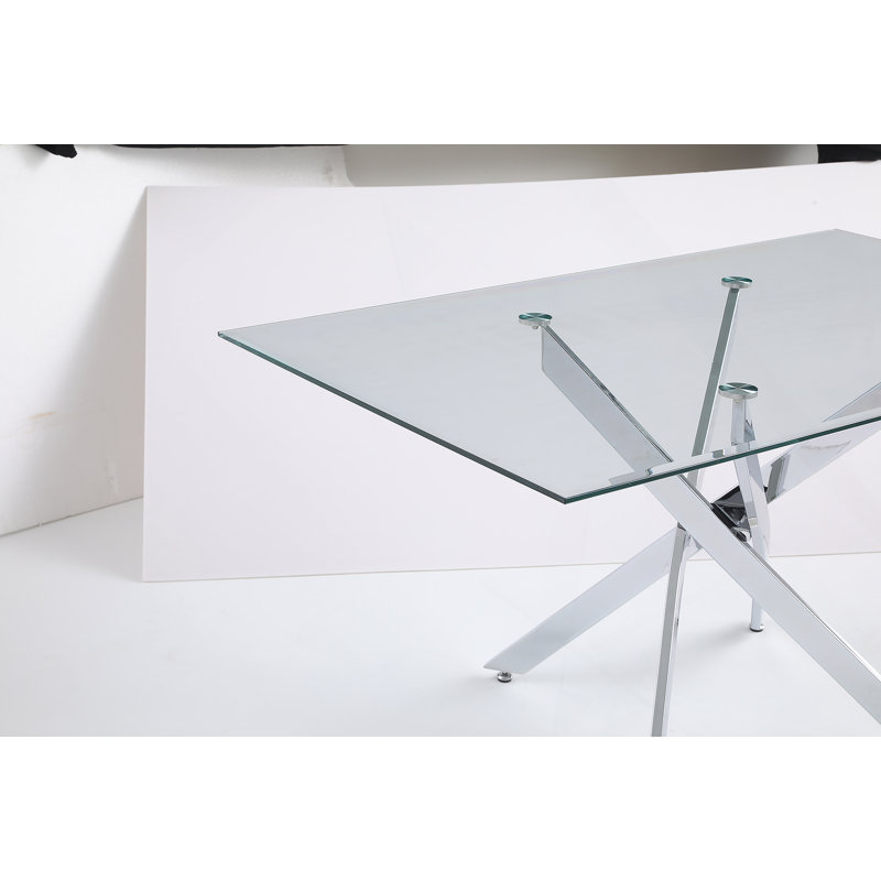 Rectangular Tempered Glass Dining Table With Legs, Silver, 29.53"H x 59.06"L x 35.43"W