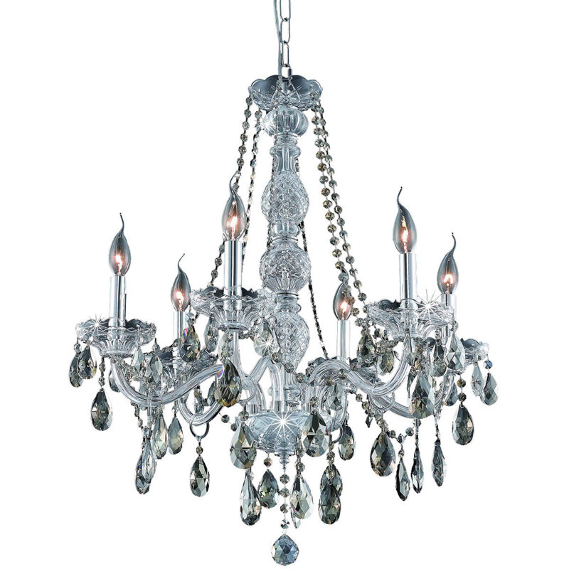 Lustre classique / traditionnel à 6 lumières de style bougie Abram, Teck doré, Chrome chrome