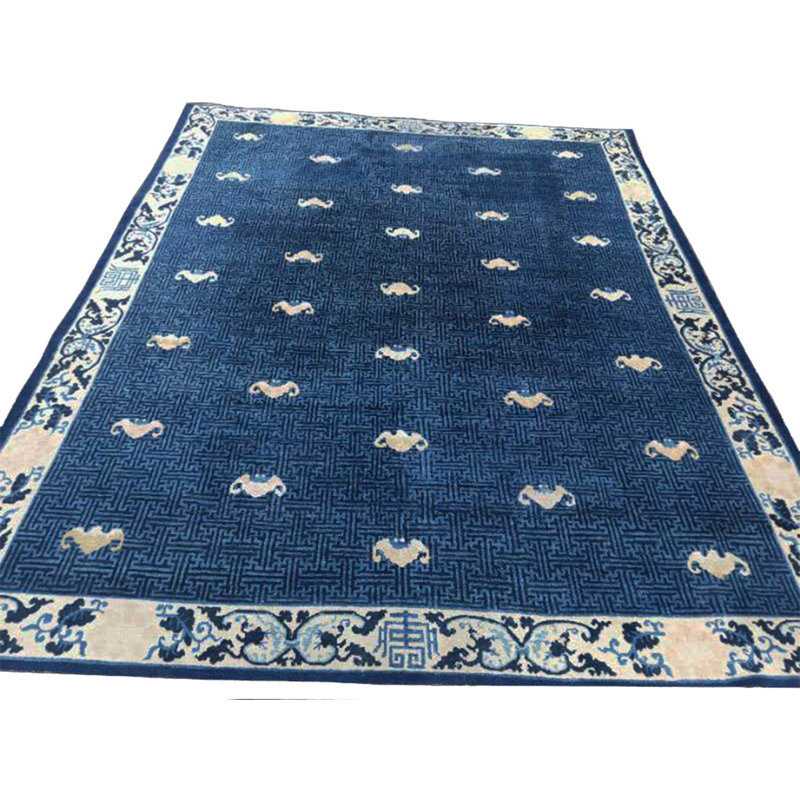 Blue Antique 1880s Allover Geometric Hand Knotted Pile Wool Rectangle Rug