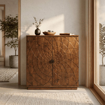 NTC BLOOM 2-Door Storage Cabinet, Solid Wood Designer Accent Cabinet with Hand-Carved Geometric Pattern Doors, Modular & Expandable Storage System for Living Room, Dark Walnut