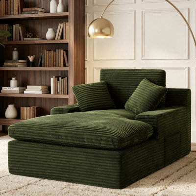 Fully Assembled Compression Corduroy Chaise Lounge Chair Singe Sofa with 3 Pillows