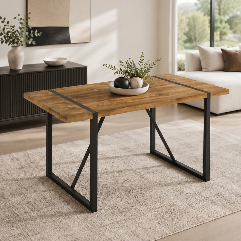 Industrial Wood Grain Rectangular Dining Table with Metal Sled Base, Dark Wood Top / Black Base, 30"H x 55"L x 31.5"W