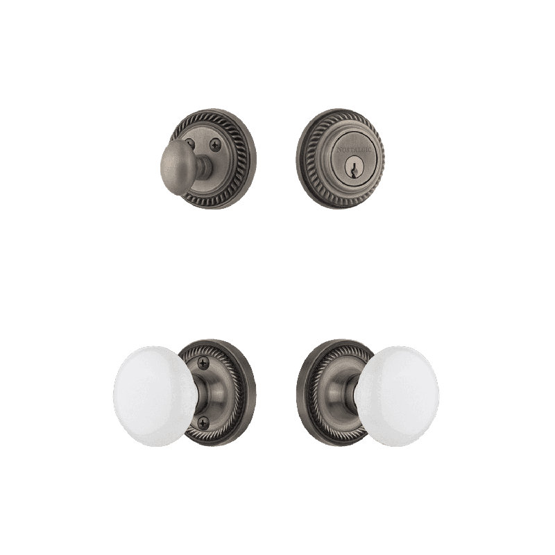 Nostalgic Warehouse Rope Rosette Entry Set with White Porcelain Knob, 2.75", White/Antique Pewter
